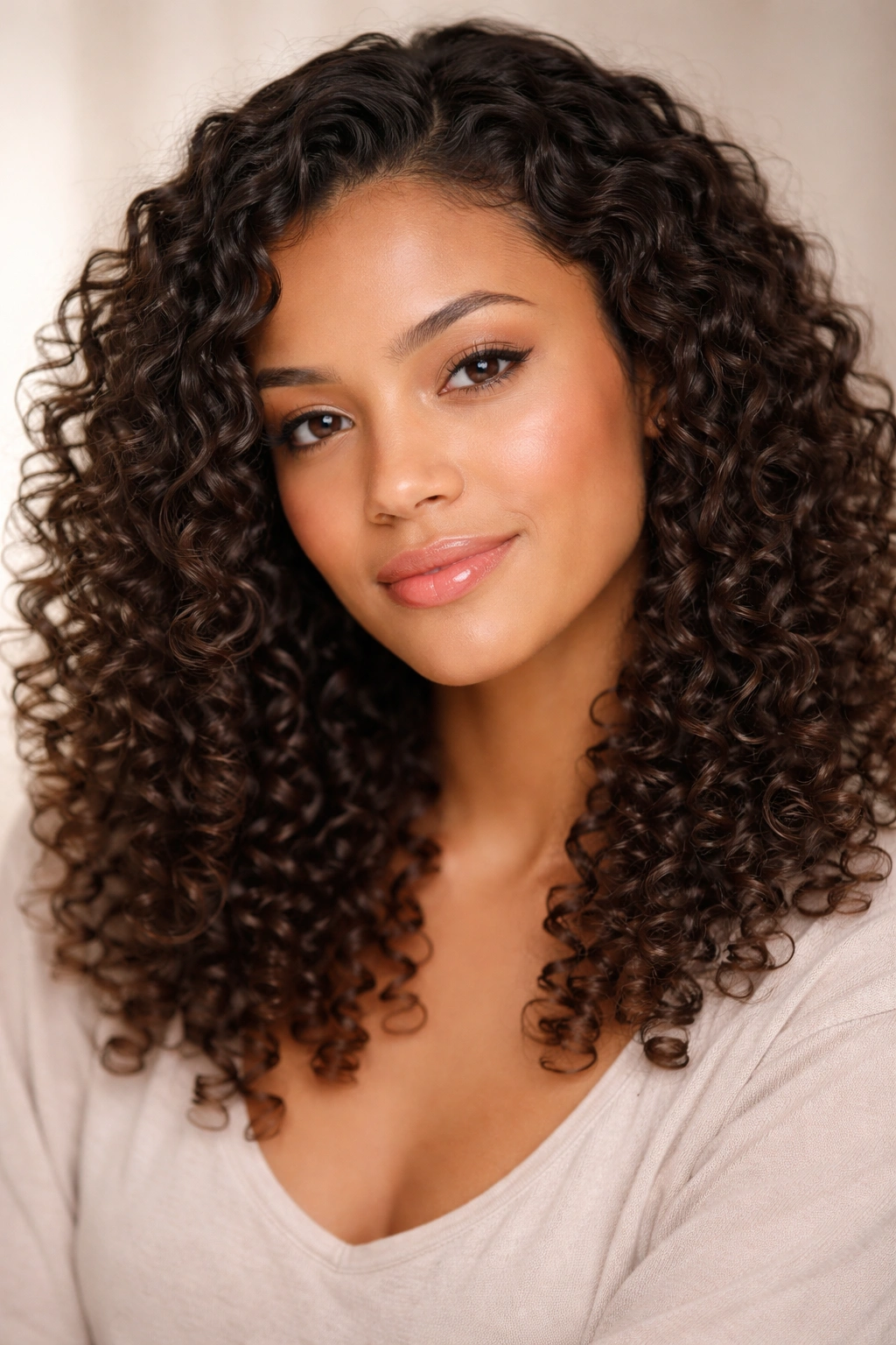 Close-up of a 3a curly hairstyle with defined, moisturized coils and natural shine