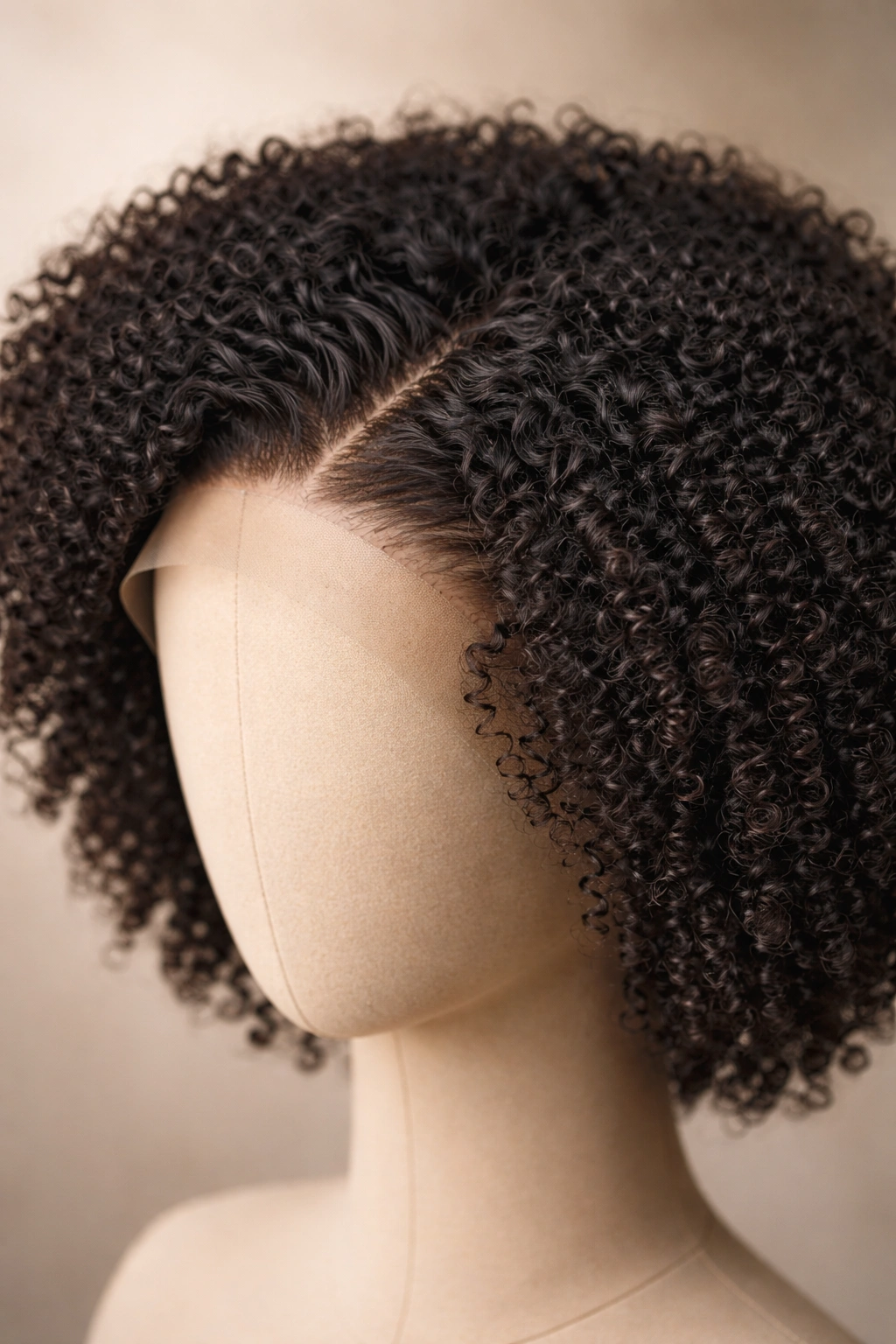 Close-up of a lifelike lace-front wig with 4B/4C curls and natural hairline