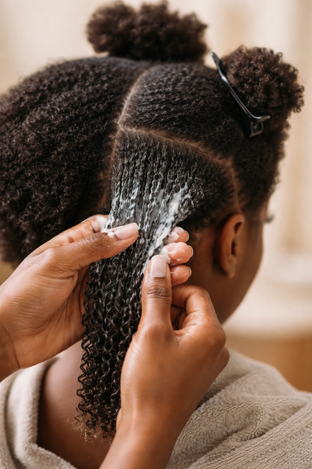 Hands applying moisture to damp 4C hair during prep and maintenance.