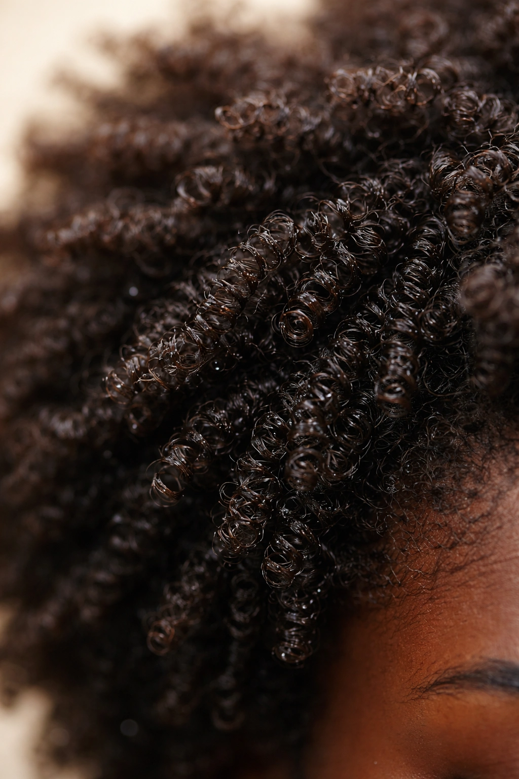 Close-up of tightly coiled 4C hair with moisture beads