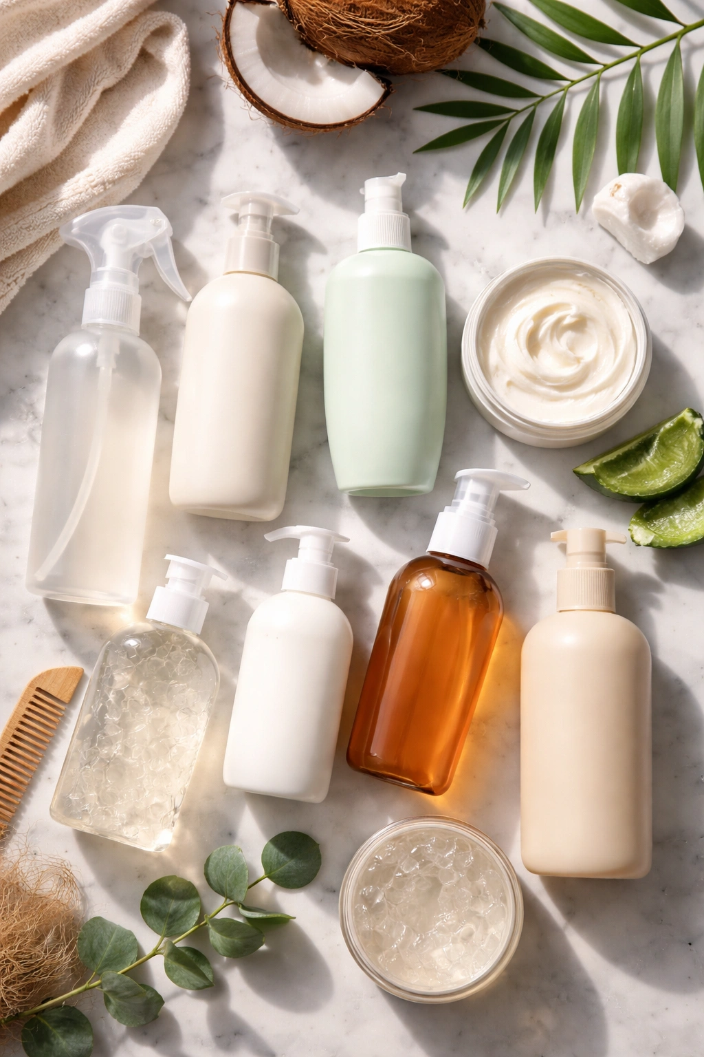 Flat lay of unlabeled unlabeled hair care bottles for 4C styling