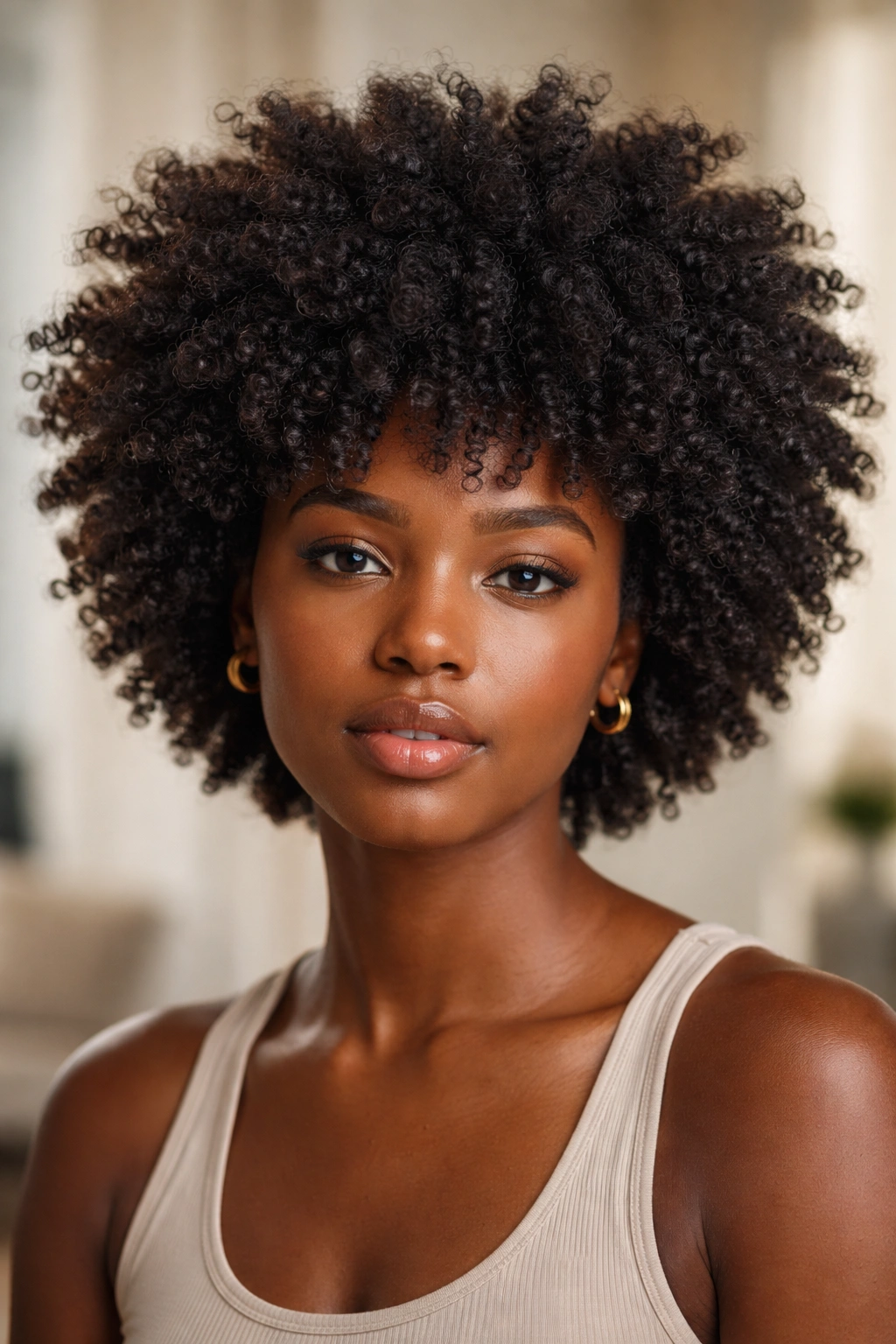 Close-up portrait of a 4C hair texture with a dense, small Afro style