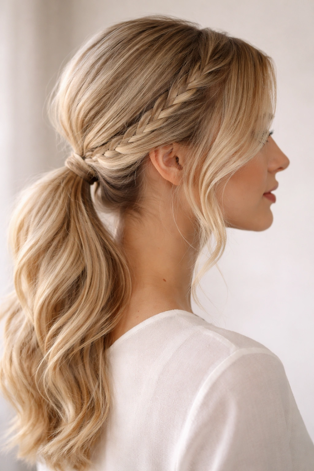 Low ponytail with a small accent braid along the front side.