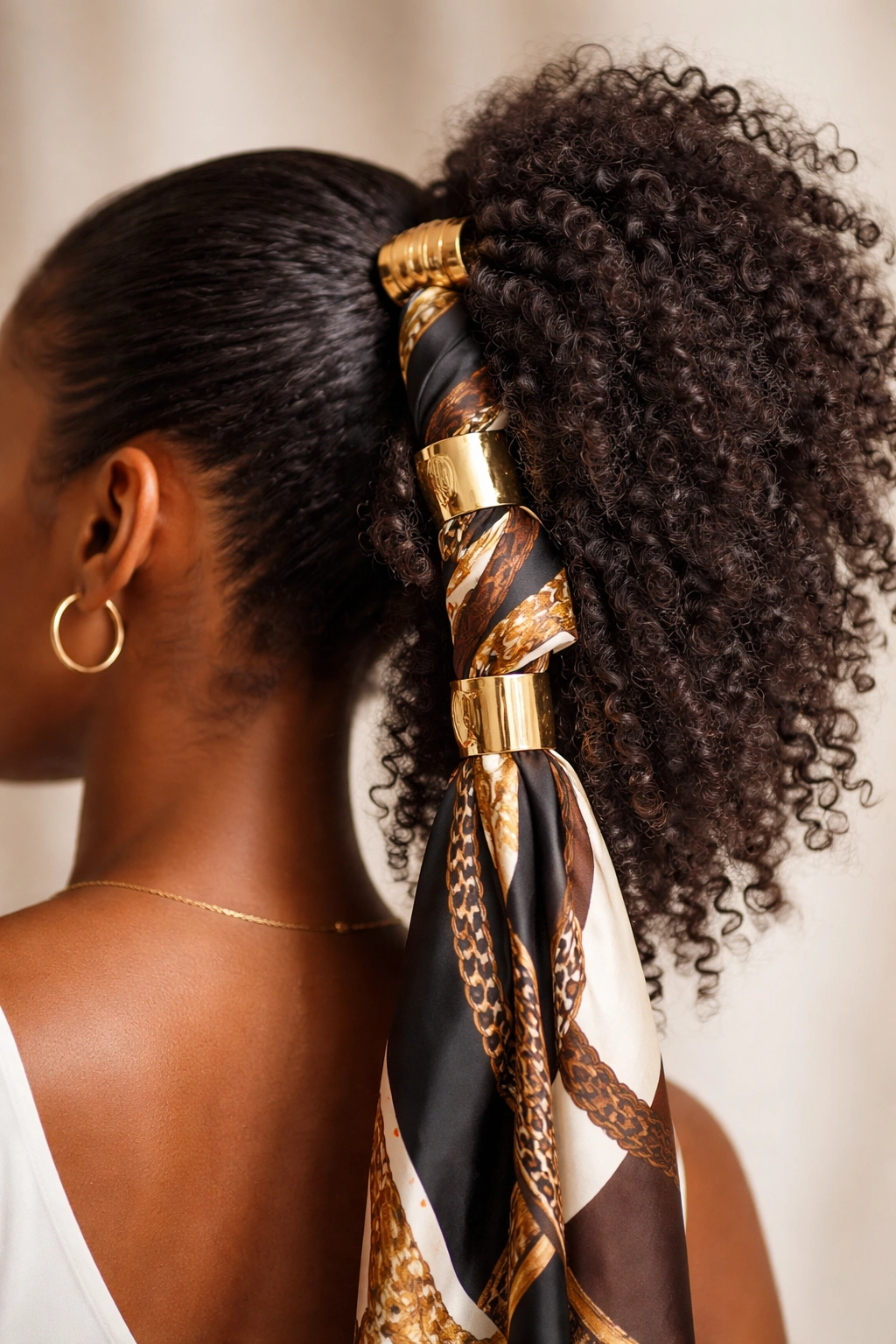 Afro ponytail with metallic cuffs and scarf accessory on a Black woman