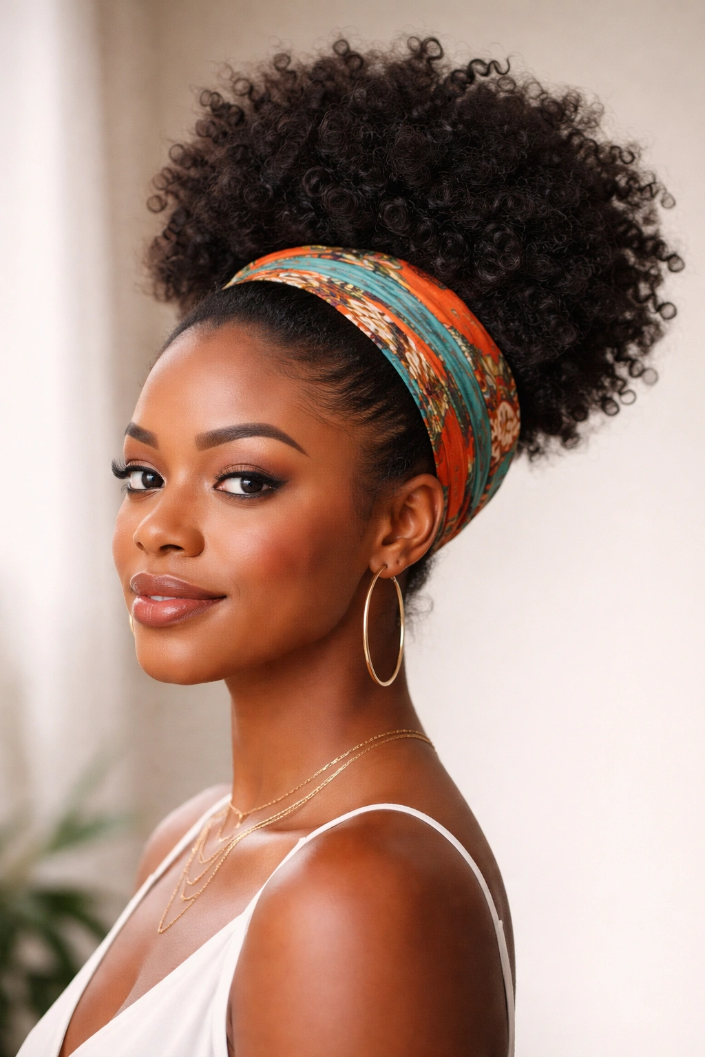 Afro puff wrapped with colorful scarf around base
