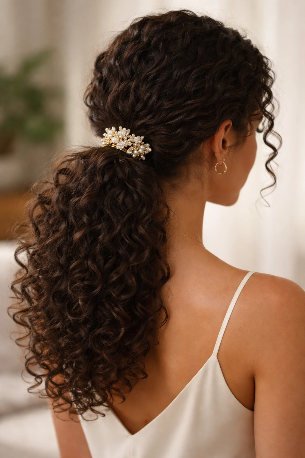 Low ponytail with decorative clip and curly texture