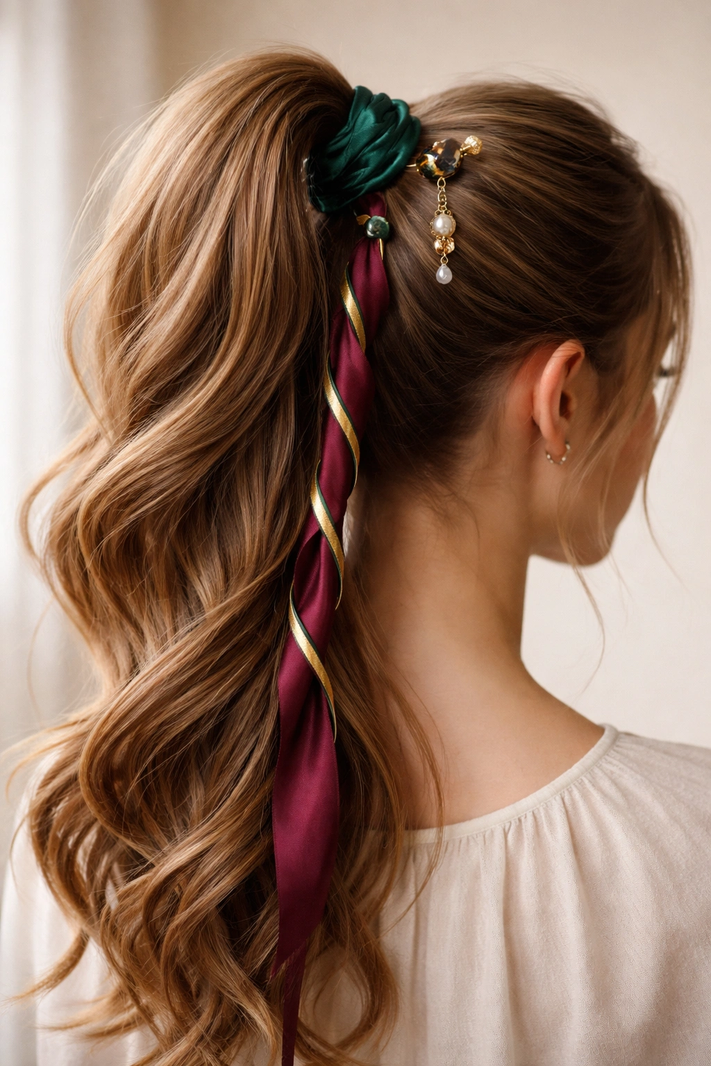High ponytail with decorative accessories including a silk scrunchie and hair sticks