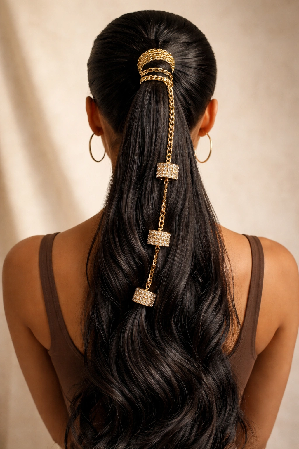 Back view of an accessorized statement ponytail with decorative cuffs and wrap