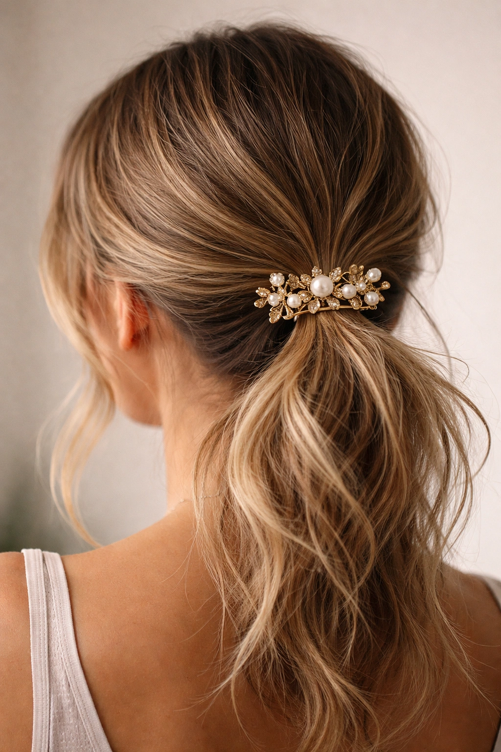 Low ponytail with a visible decorative hair accessory over the elastic