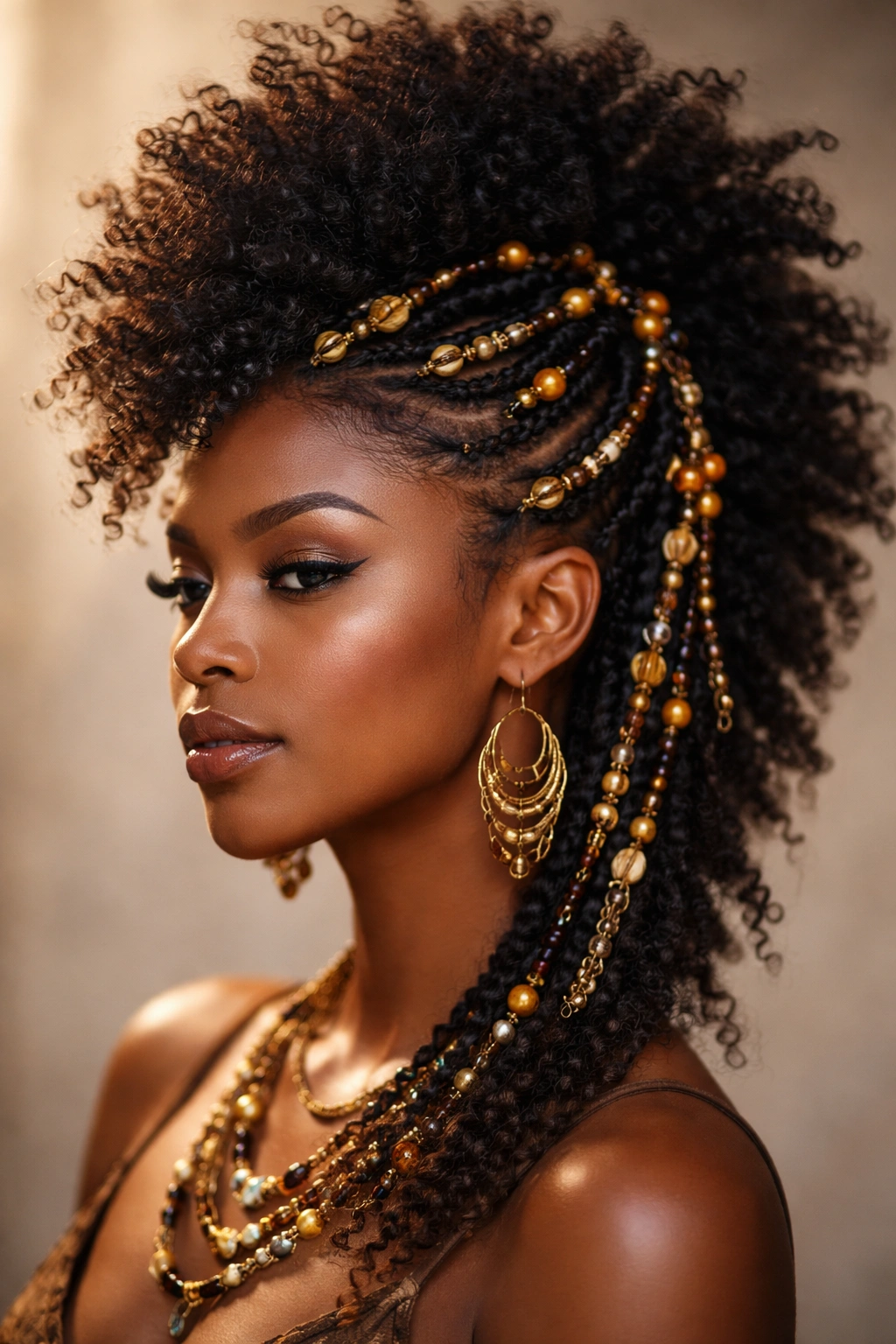 Adorned afro hawk with beads and jewelry detailing