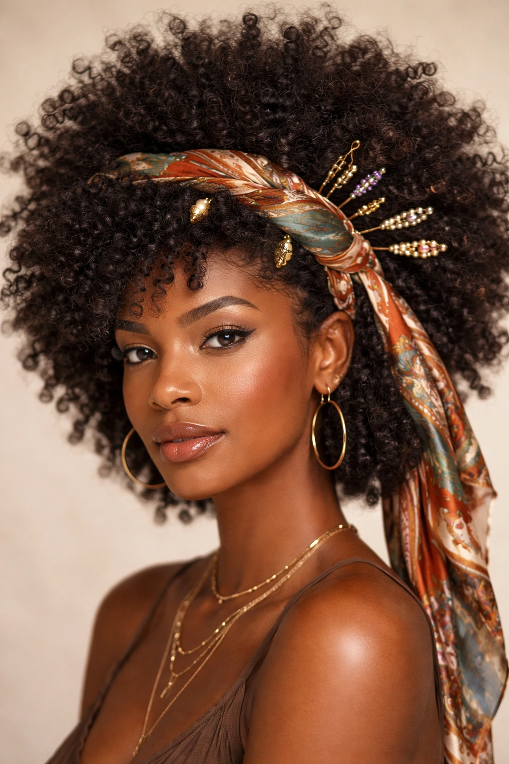 Close-up of an Afro with bold accessories highlighting texture and decorative hair jewelry
