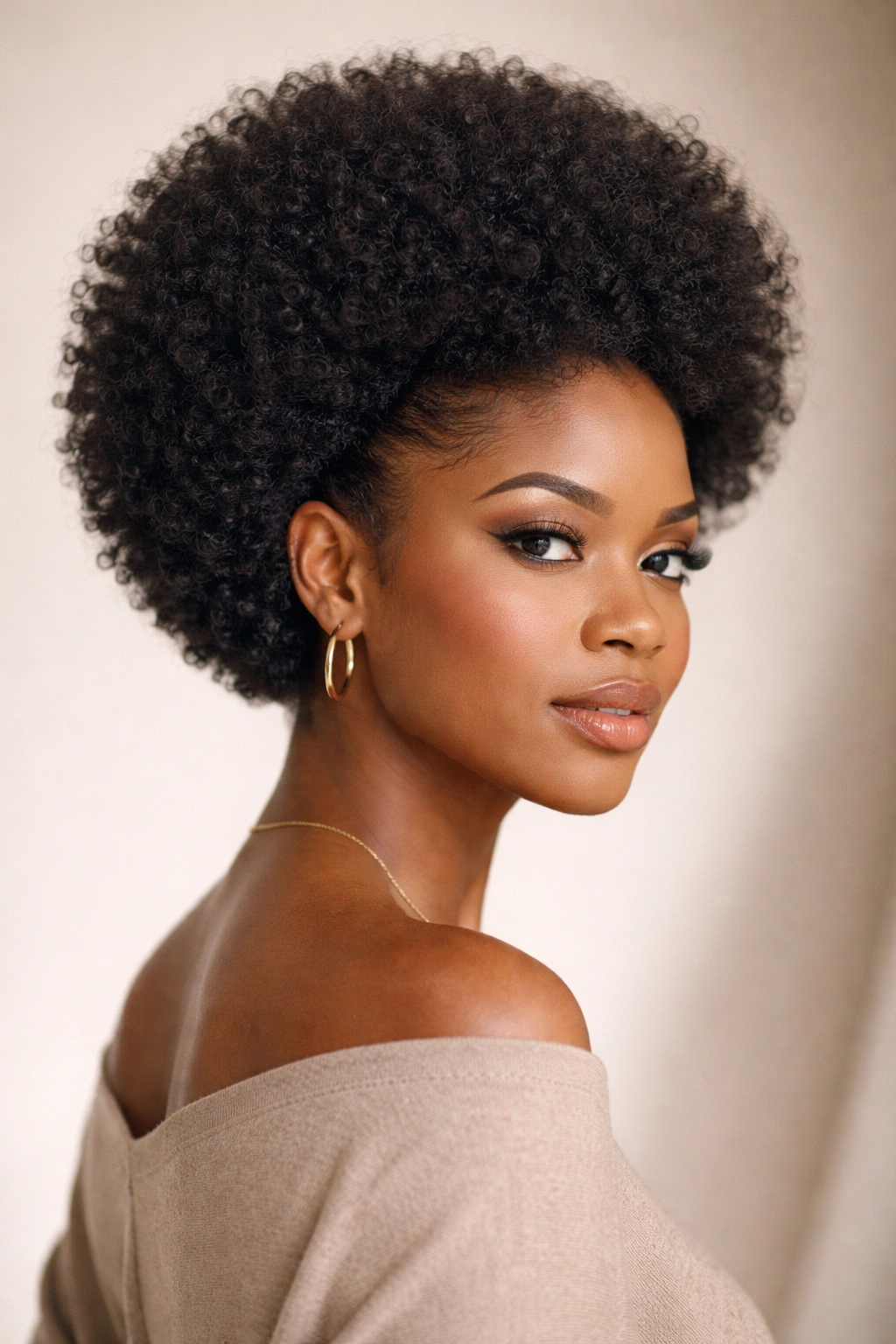 Close-up of a model with high crown and tapered sides afro bob highlighting crown height