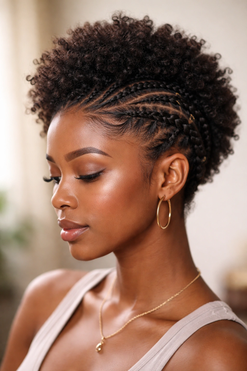 Mini afro with braided details and cornrows around the crown