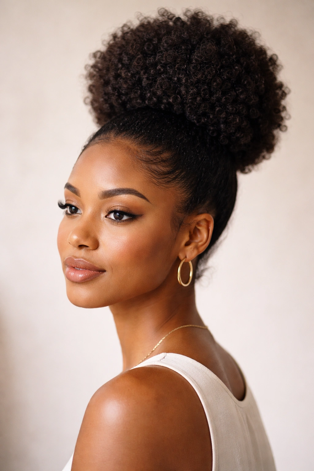 Classic high afro bun portrait featuring a voluminous crown bun on natural hair with soft studio lighting.