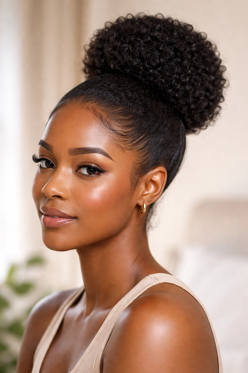 Portrait of a person with a moisturized Afro bun and defined texture