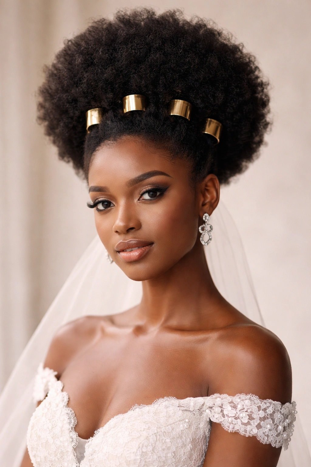 Close-up of a bride's classic high afro with gold cuffs around the crown.