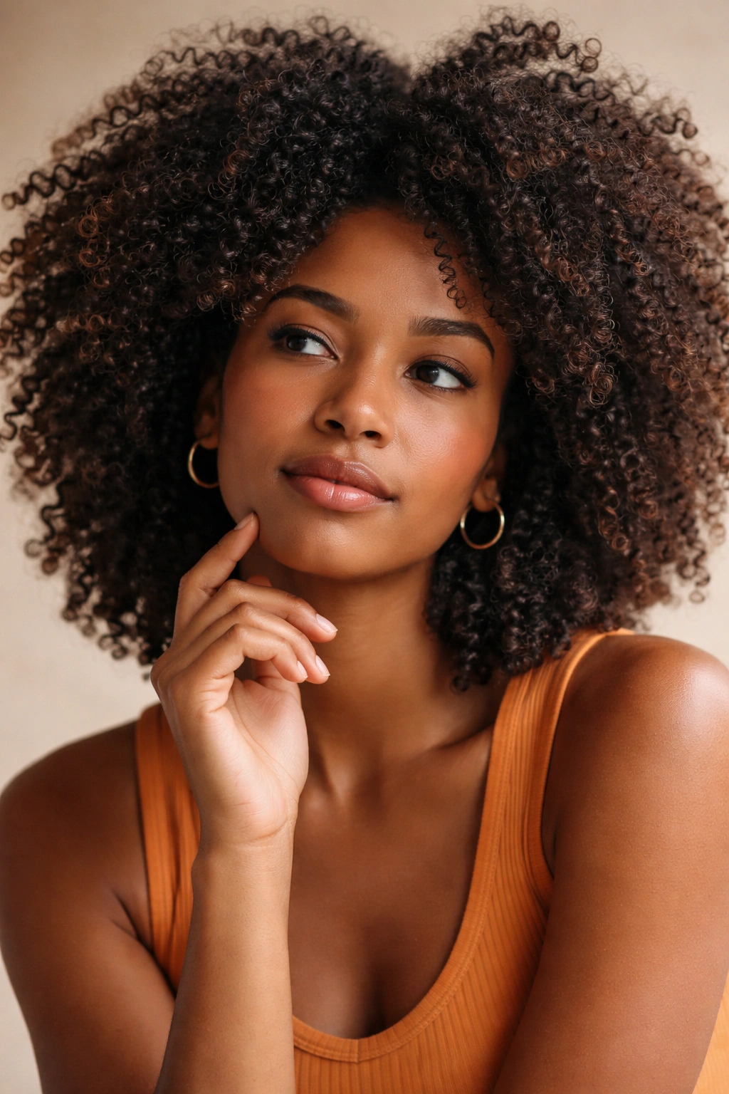 Portrait of a person with Afro curly hair in a thoughtful pose
