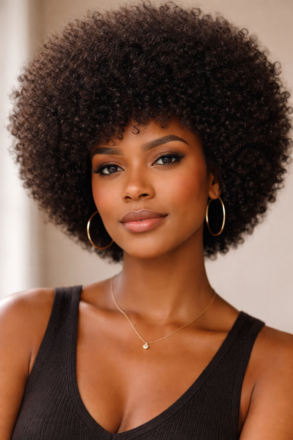 Close-up portrait of a woman with a well-shaped Afro cut, highlighting natural curl texture