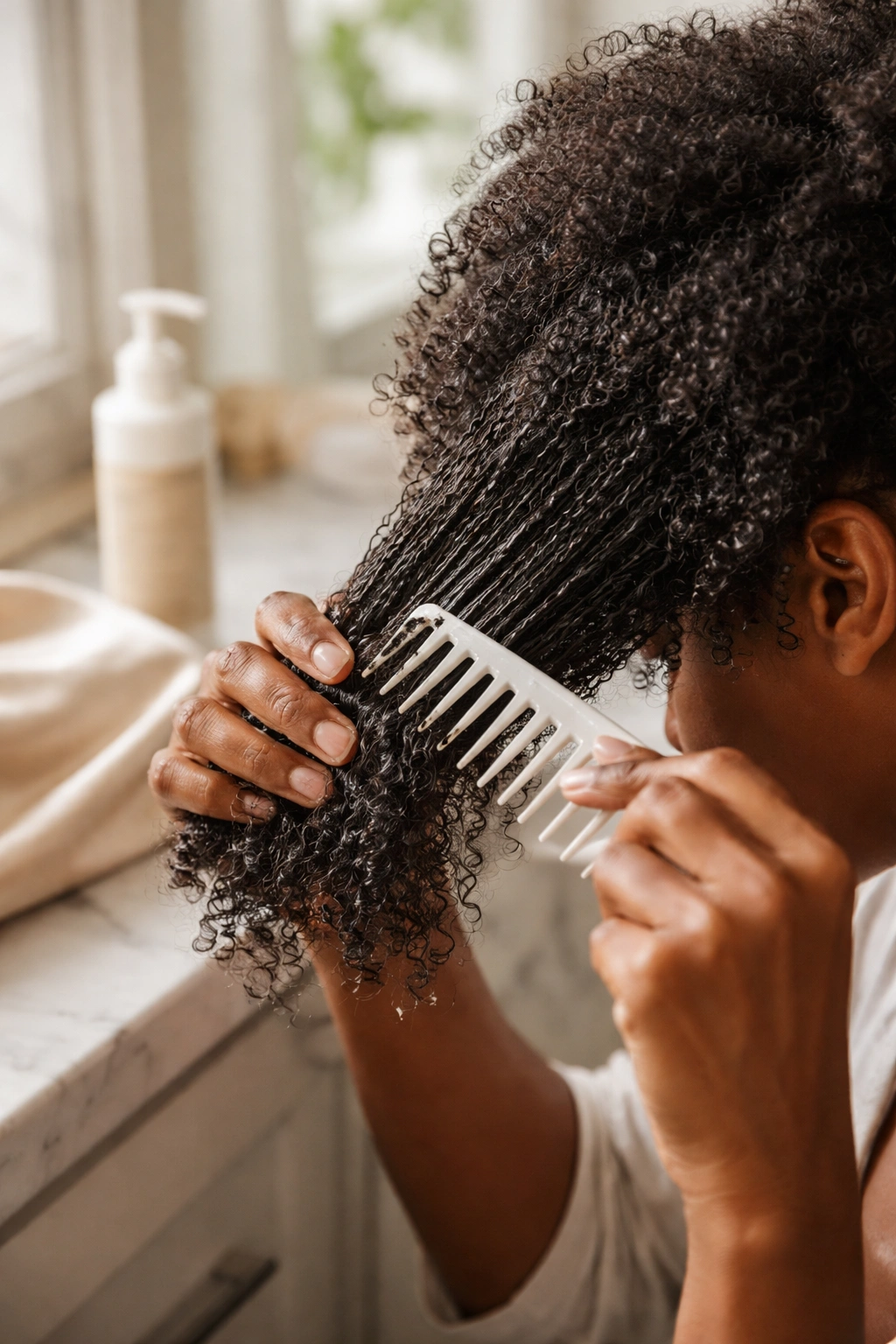 Close-up of textured afro hair being detangled with a wide-tooth comb, satin pillowcase nearby.