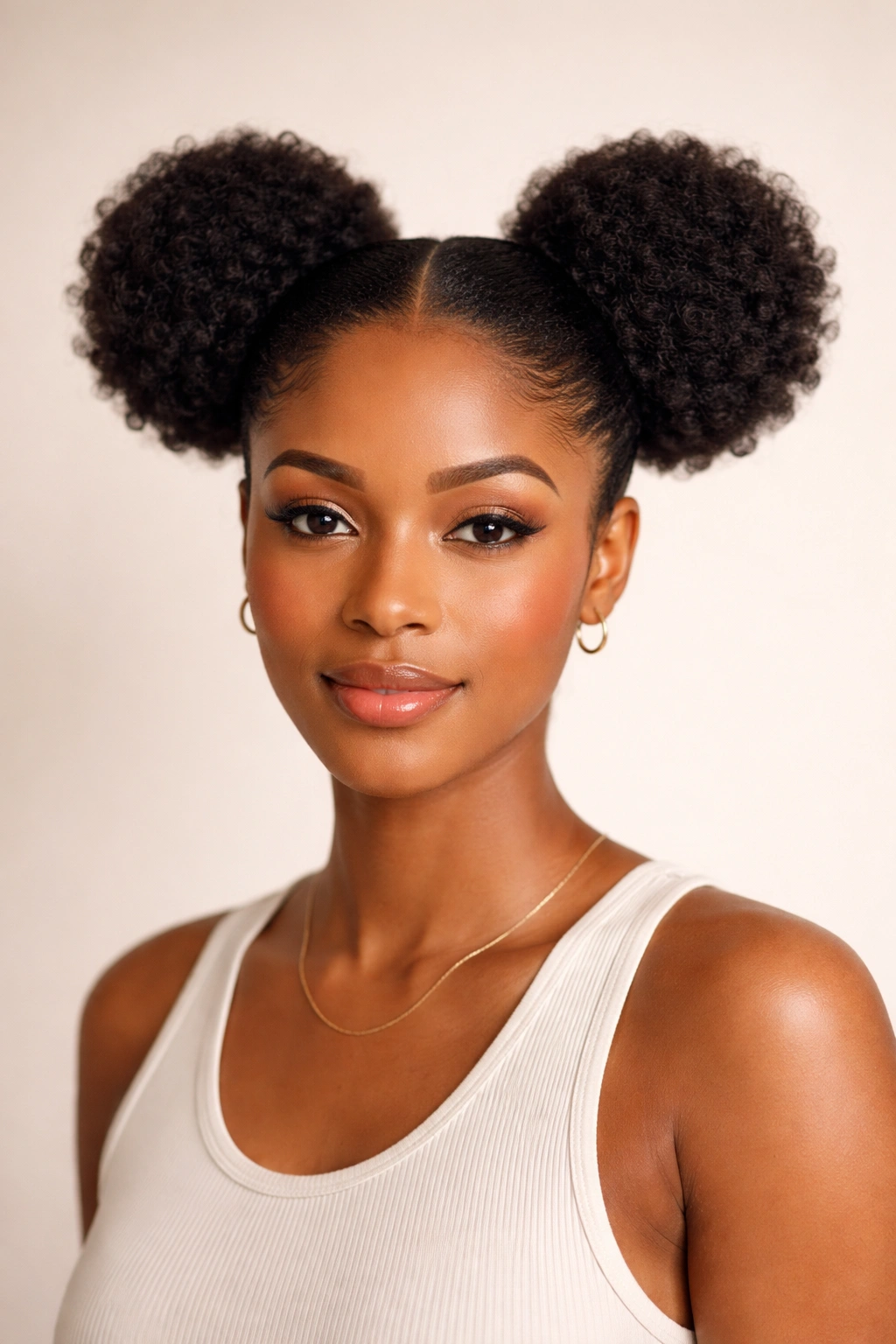 Two symmetrical space buns on either side of the head with Afro hair.