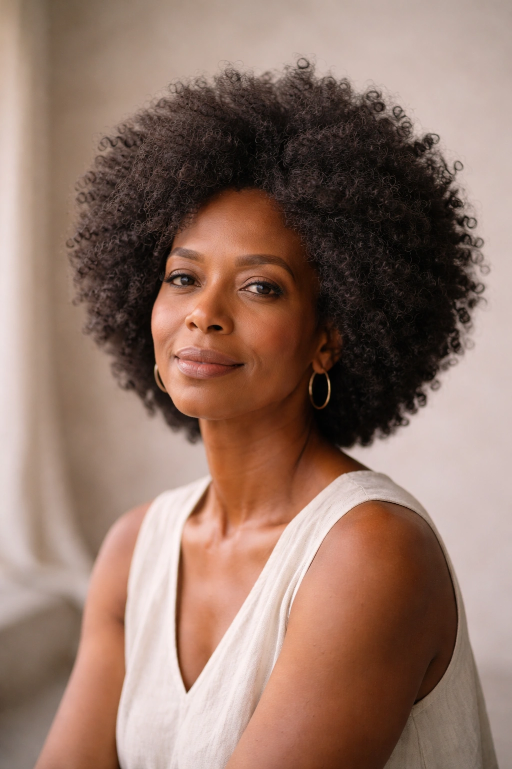Close-up portrait of a woman over 40 with a natural afro, serene expression in a neutral studio