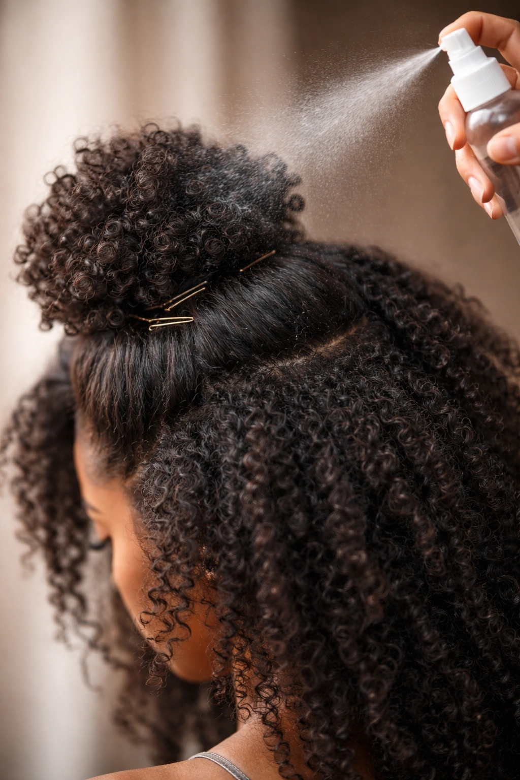 Close-up of a textured afro in half up half down being refreshed with moisture spray