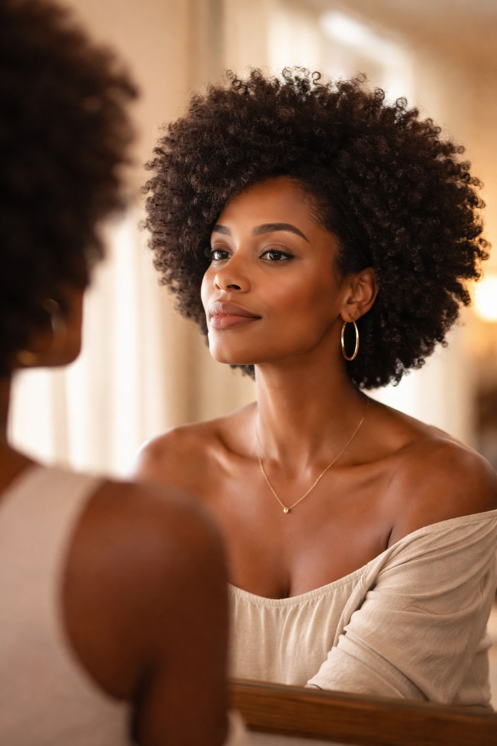 Woman looking at her reflection with a confident natural afro hairstyle.