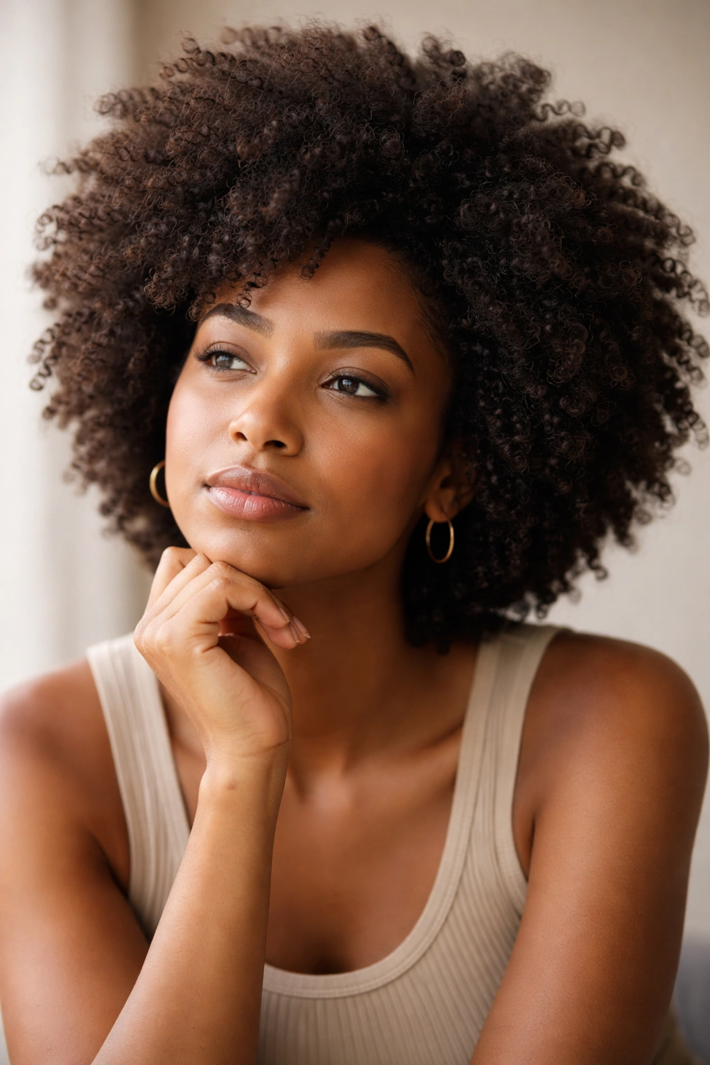 Thoughtful portrait of a person with natural Afro hair