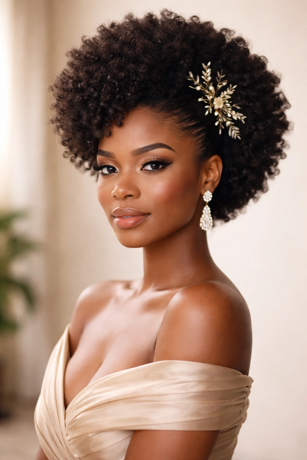Portrait of a person with a dressed-up afro hairstyle expressing confidence