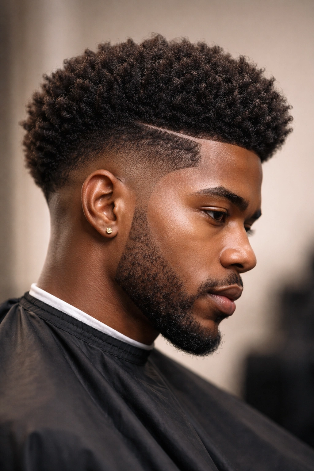 Close-up side profile of The Hard Part Afro showing a sharp vertical part line