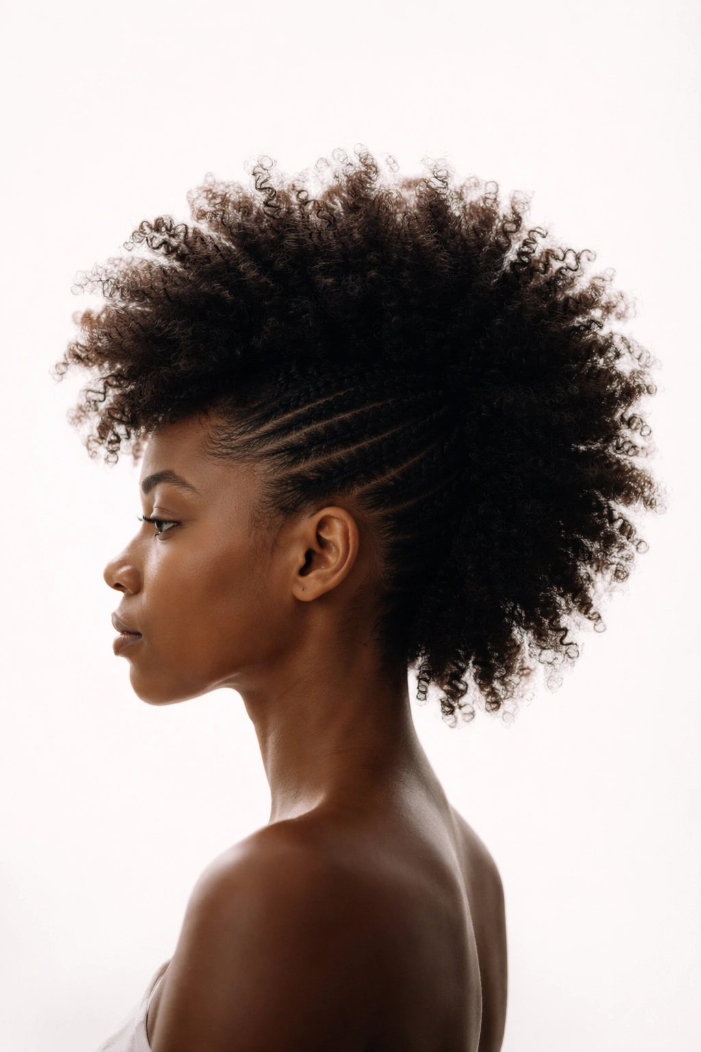 Minimal silhouette of head with afro hawk crown on light background