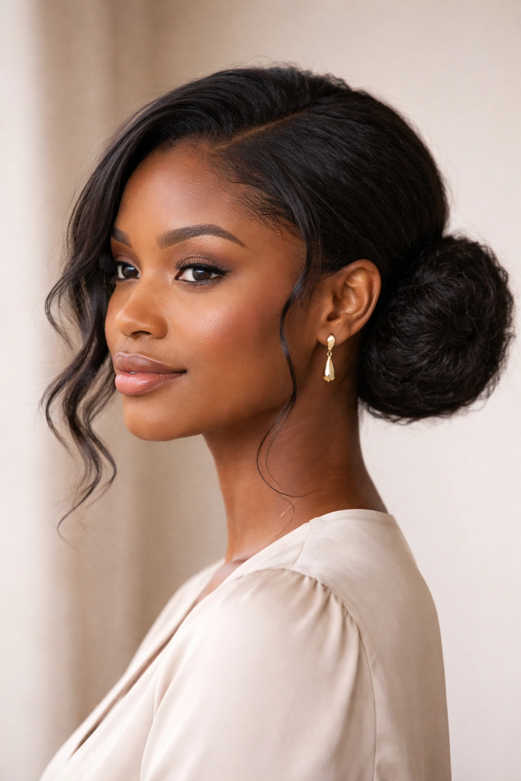 Close-up of a low side bun with waves and Afro texture.