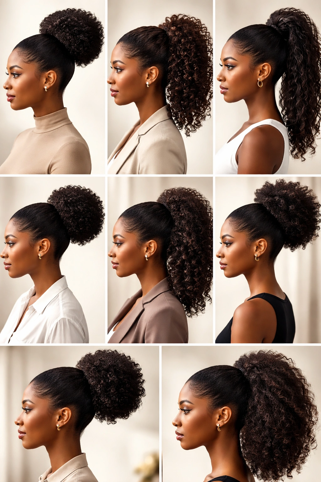 Lineup of Afro ponytails showing range from high-crown sleek to low gathered styles for work and weekends