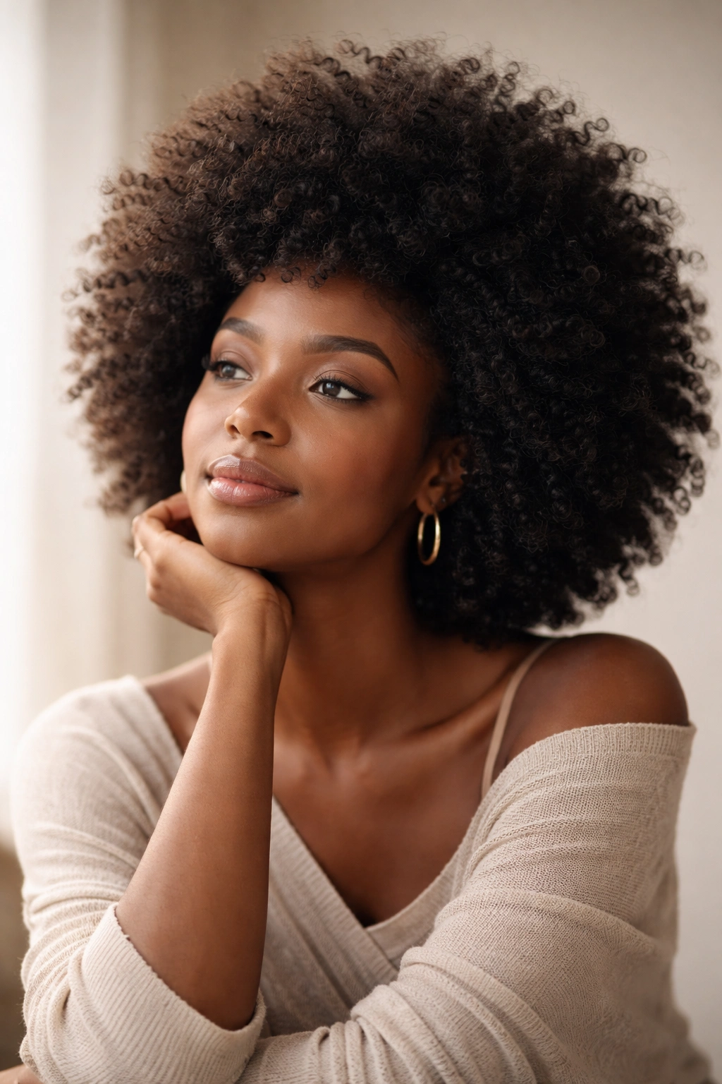 Portrait of a person with a natural afro hairstyle in a contemplative pose in a studio