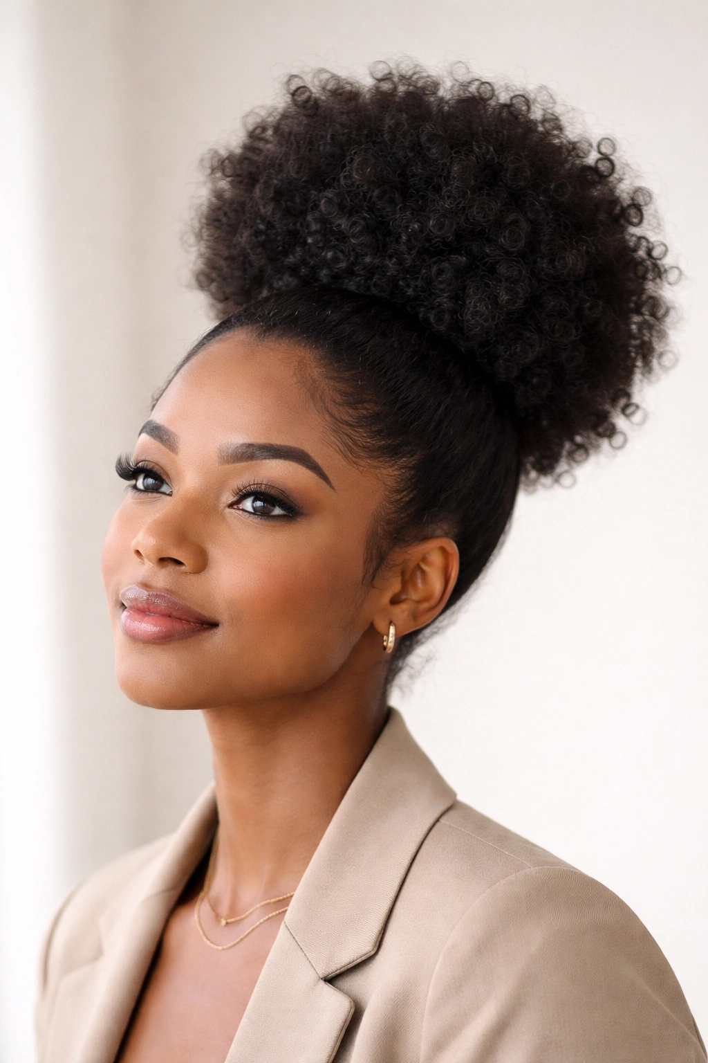 Close-up of crown puff bun with voluminous afro hair in a studio.