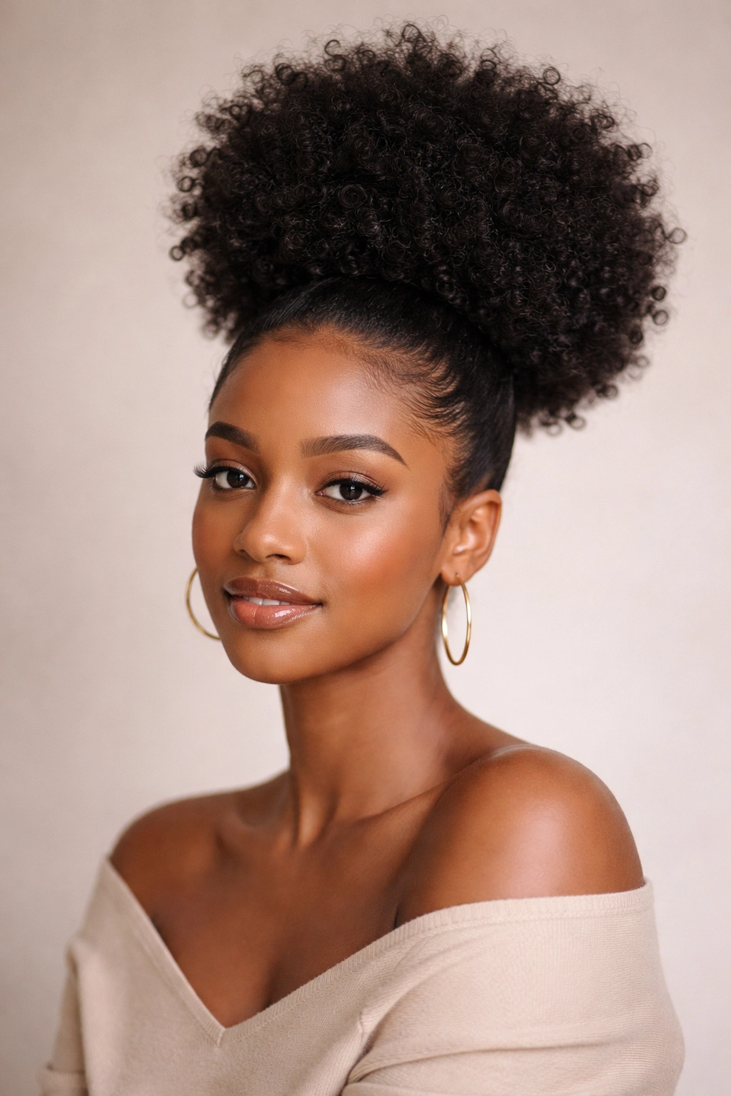 Close-up of a high afro puff centered on the crown with natural curls