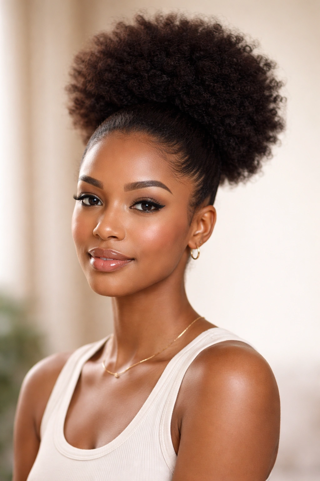 Classic high afro puff at crown with moisturized hair, studio portrait