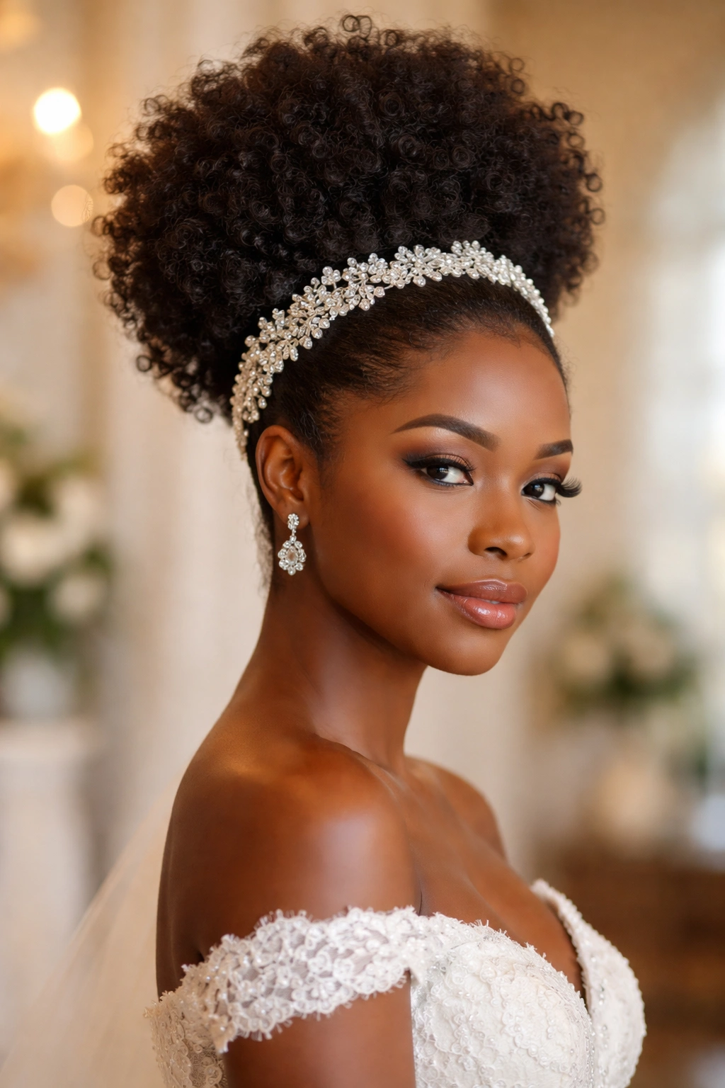 Voluminous afro puff with crystal headpiece bridal portrait