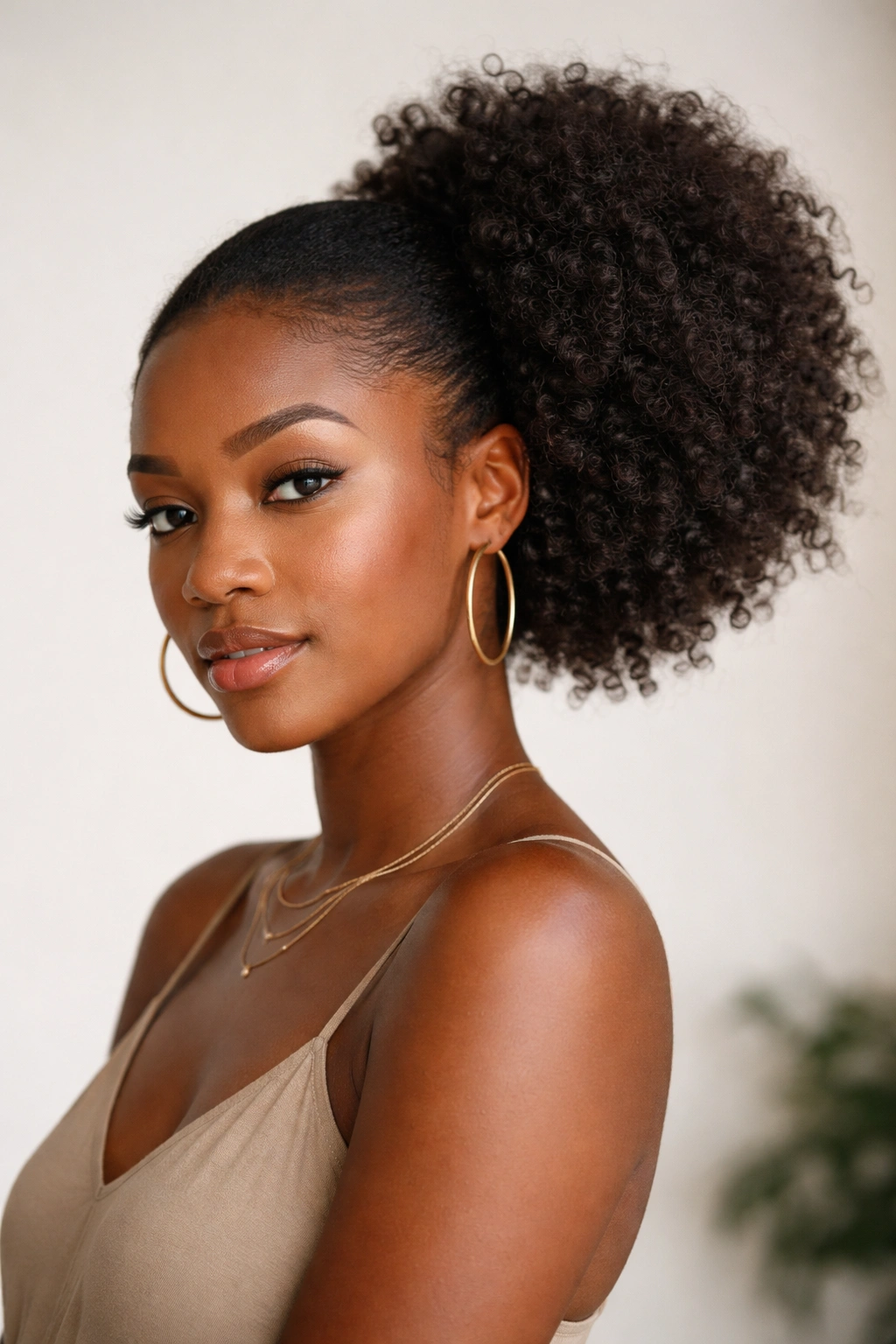 Side profile of an off-center afro puff framed by a neutral studio backdrop