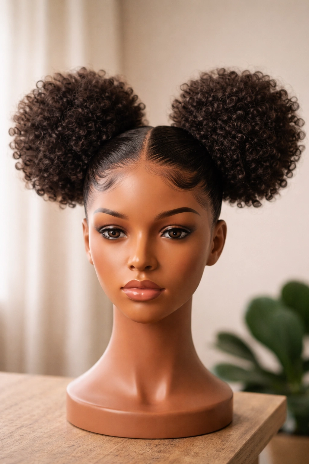 Close-up of two afro puff hairstyles highlighting protective styling and curl texture