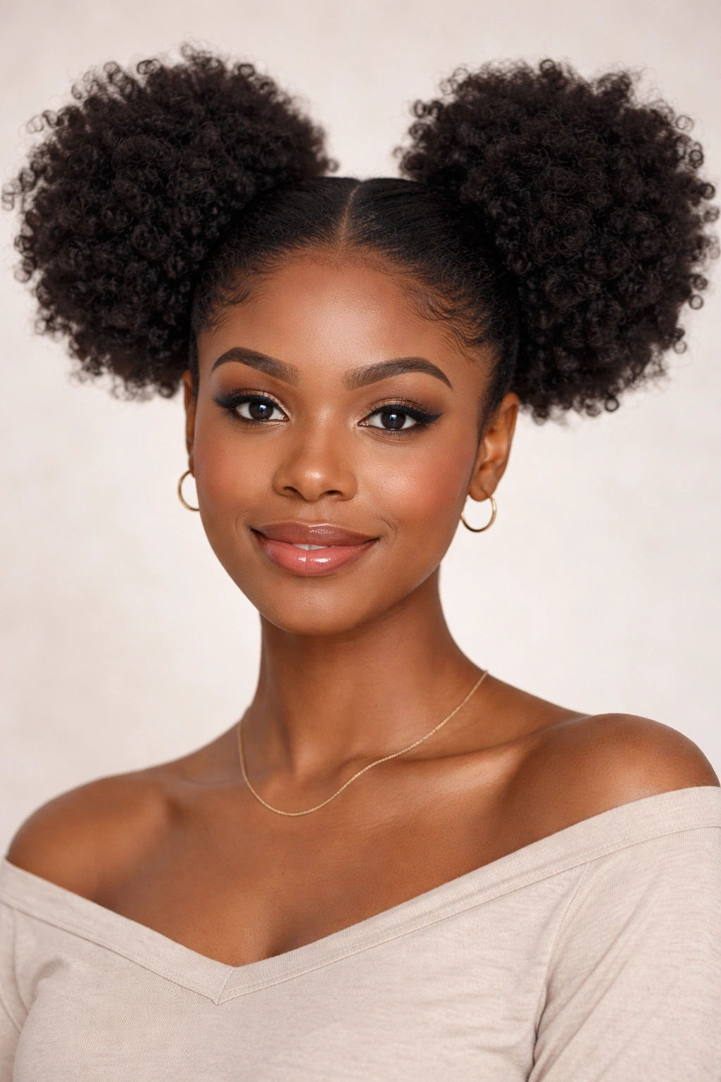 Two high Afro Puffs on a model's head with fluffy coils