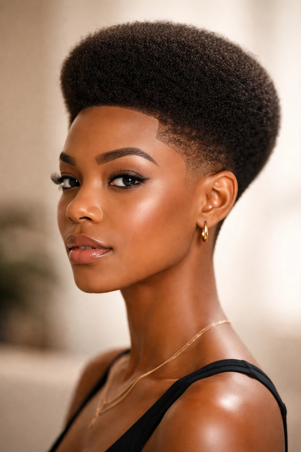 Sculpted shape-up afro with clean crown and tapered sides