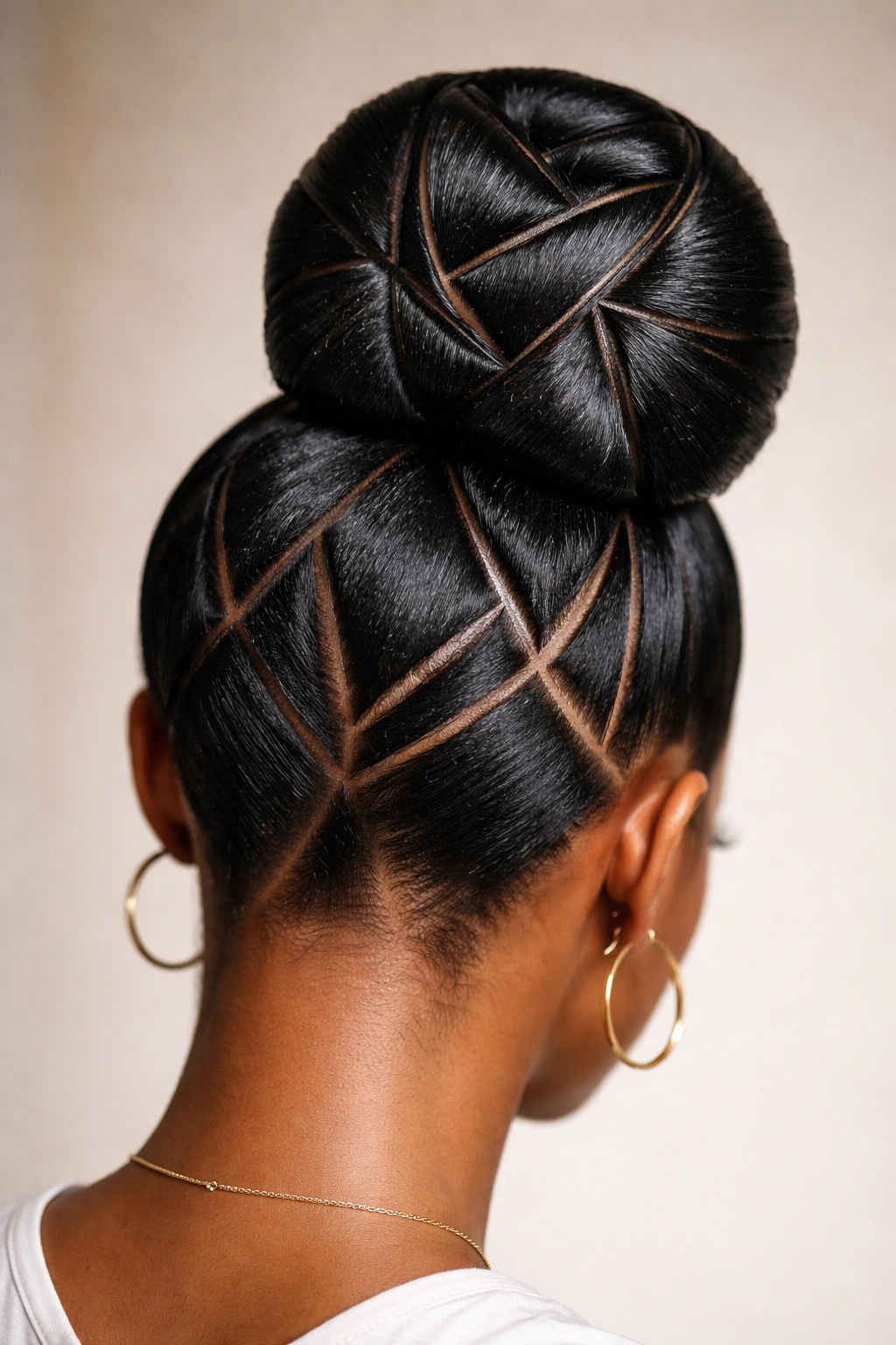 Sculptured bun with geometric patterns on top of the bun.