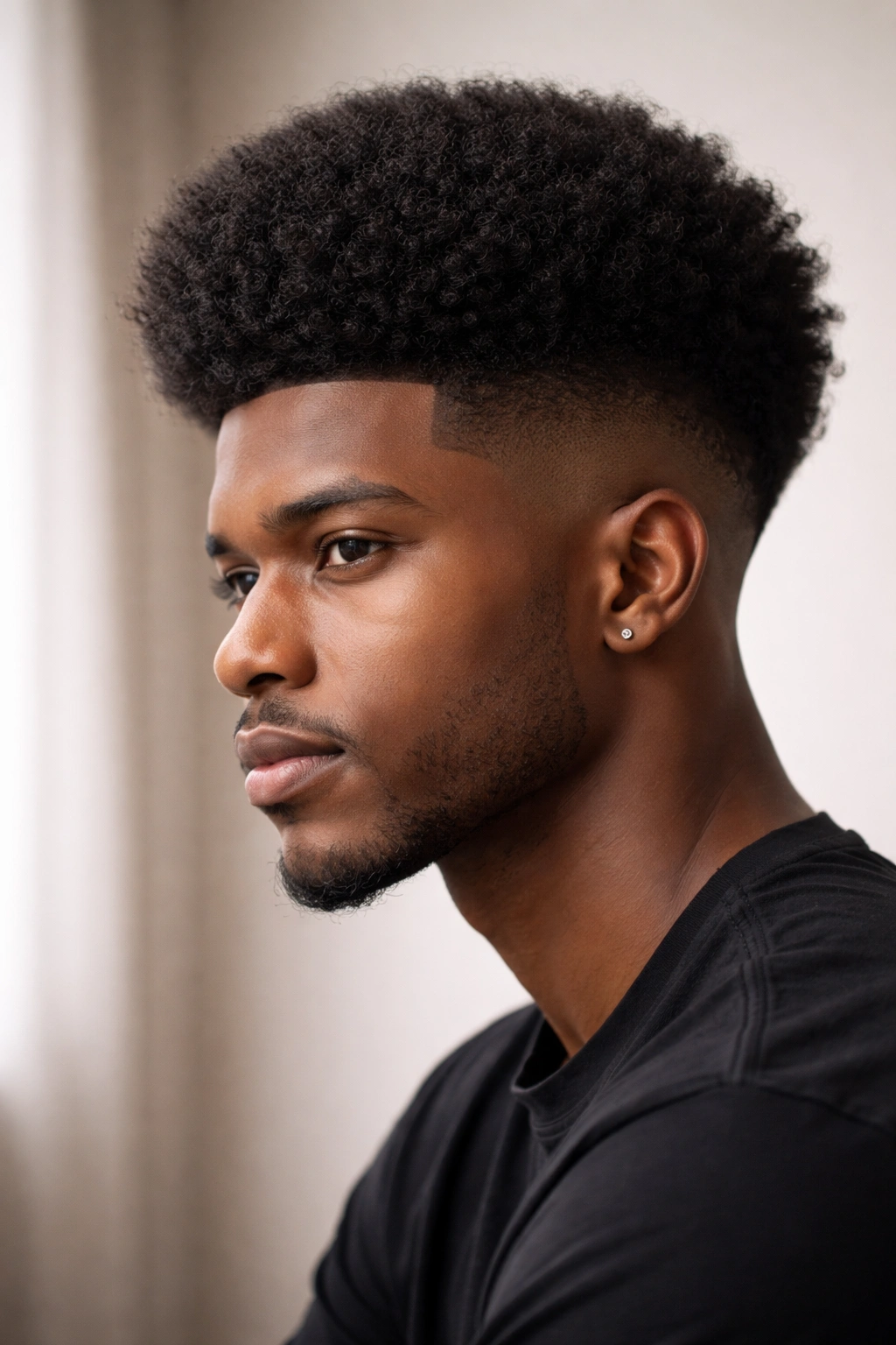 Profile view of afro with shaved sides showing bold top volume and fade