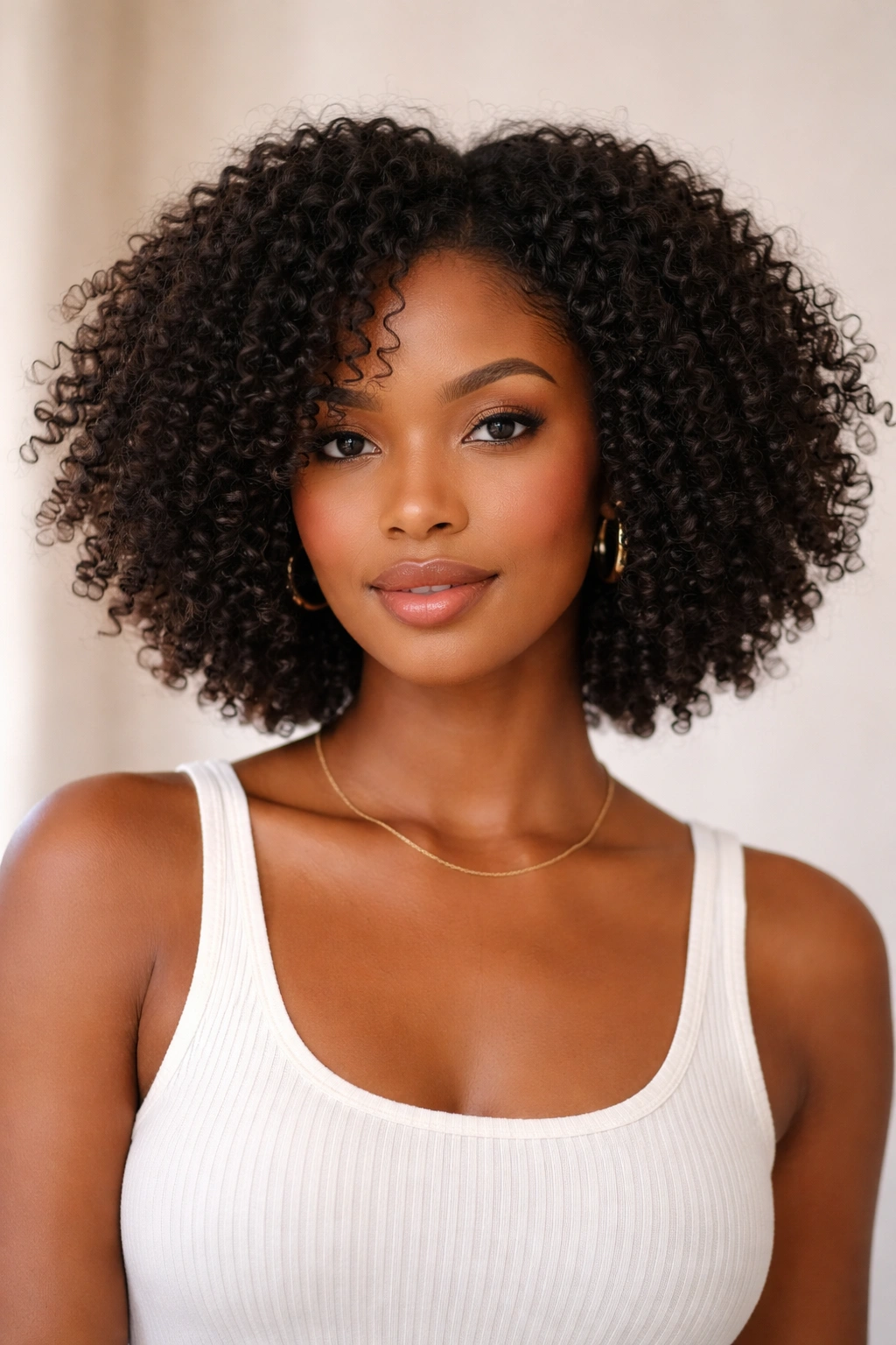 Portrait of a person with a natural afro-textured curly bob and visible shrinkage