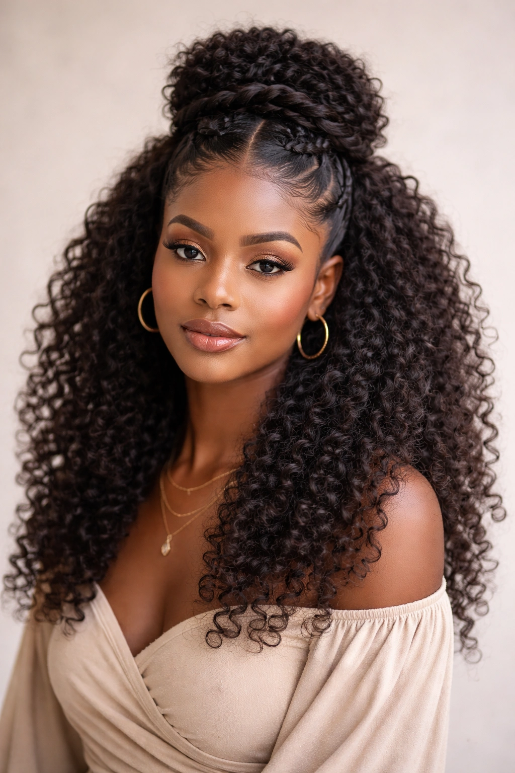 Portrait of textured-haired person in bold half up half down look with multiple style cues