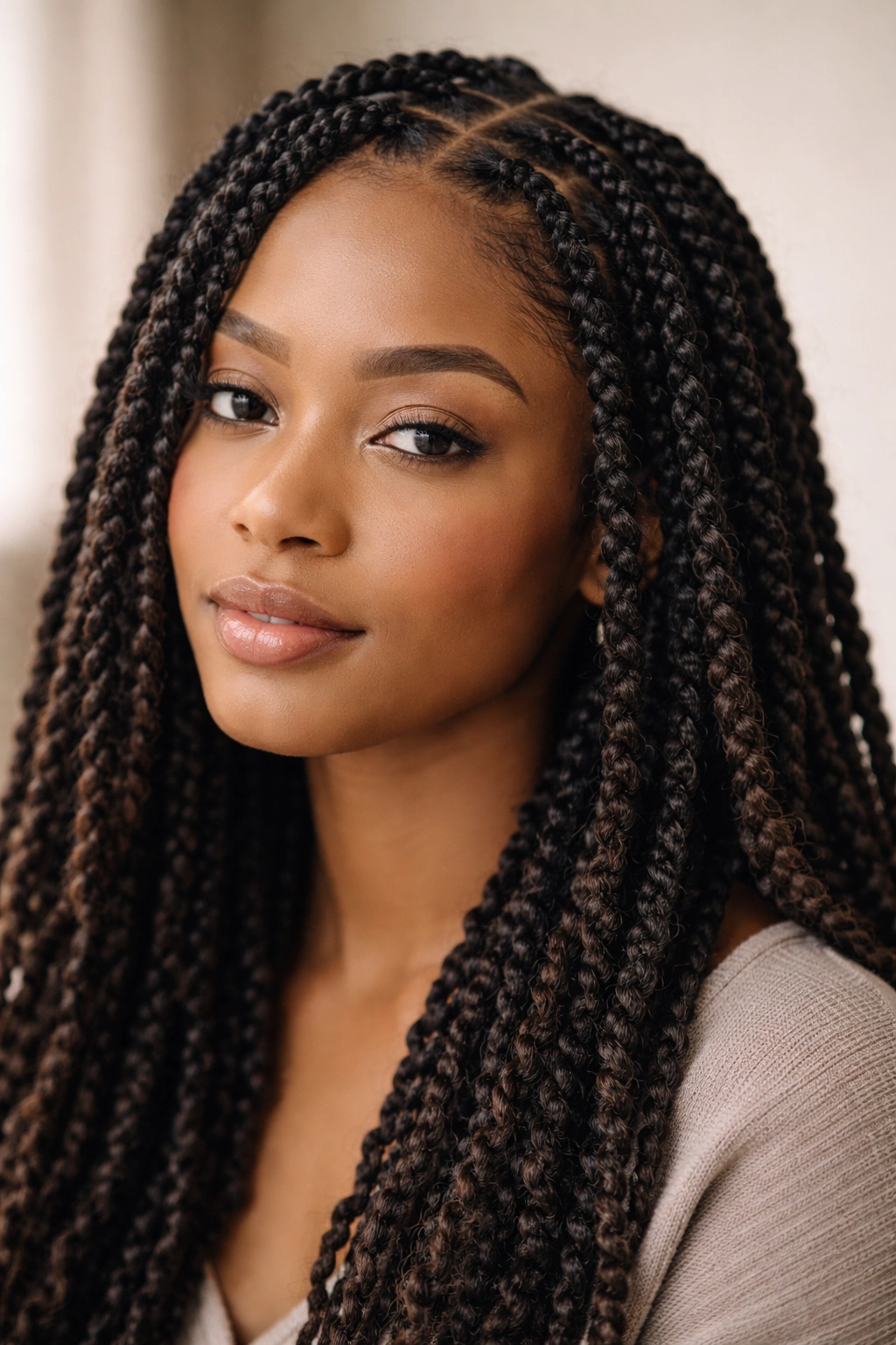 Close-up of Afro twist braids in studio lighting, hair texture visible