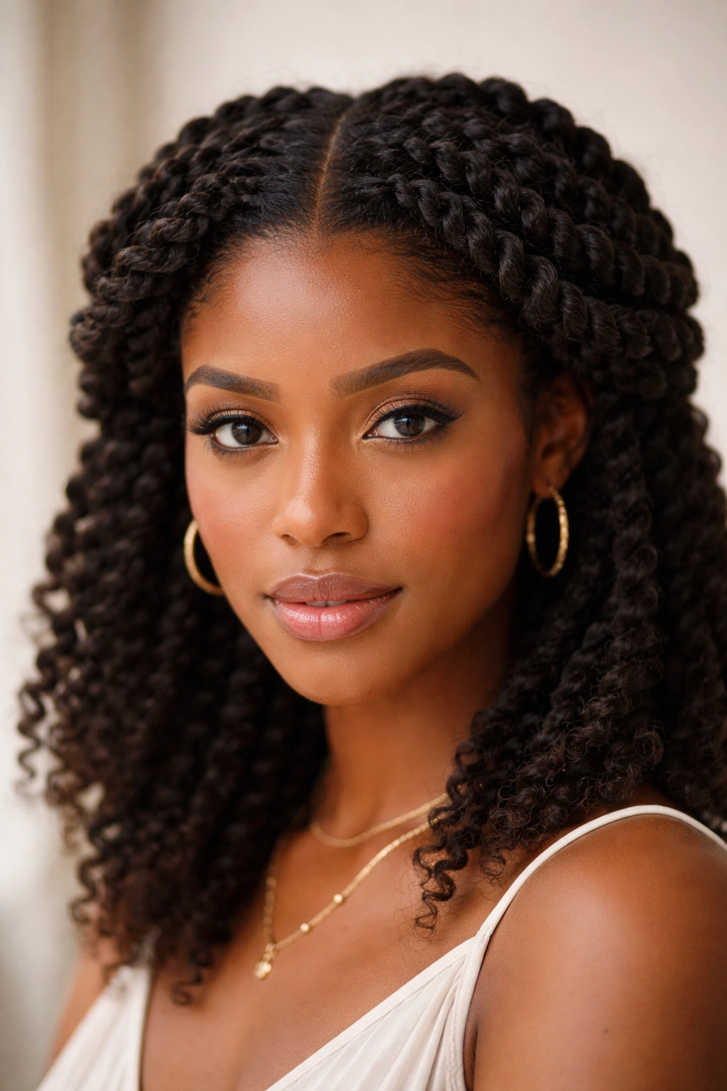 Close-up of Springy Twist Crown with Center Part on textured Afro hair