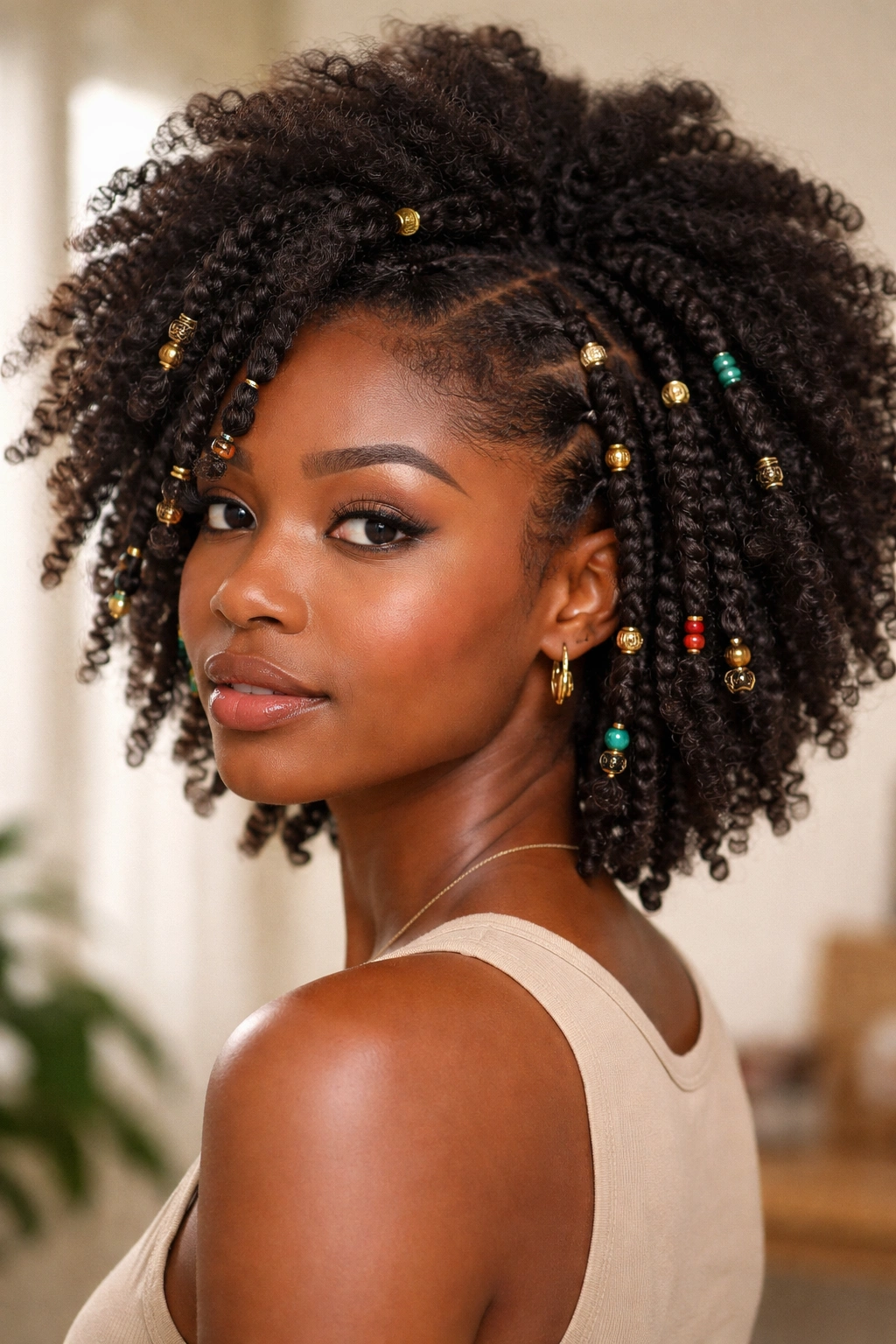 Close-up of an afro with accessorized twists and colorful beads