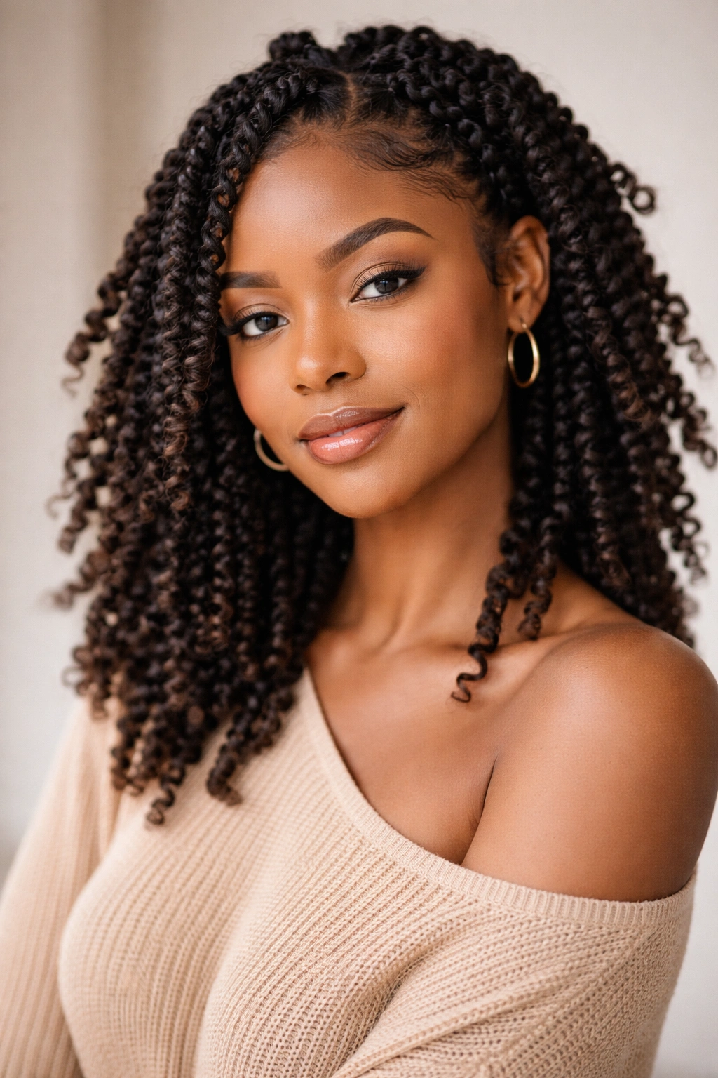 Portrait of person with springy Afro twists in a contemplative pose